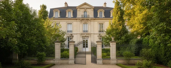 Façade élégante propriété luxe Ouest Parisien avec jardin arboré et grille fer forgé