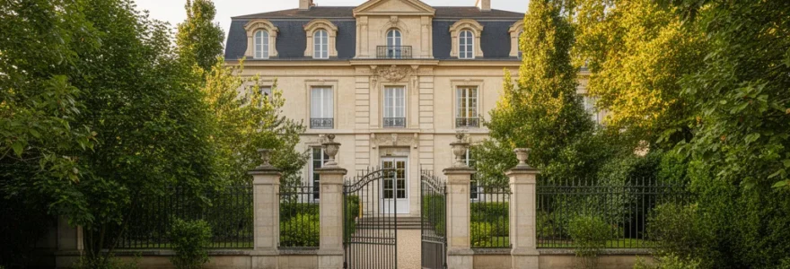 Façade élégante propriété luxe Ouest Parisien avec jardin arboré et grille fer forgé