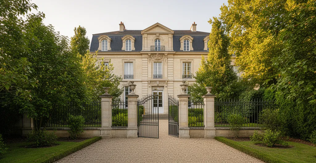 Façade élégante propriété luxe Ouest Parisien avec jardin arboré et grille fer forgé