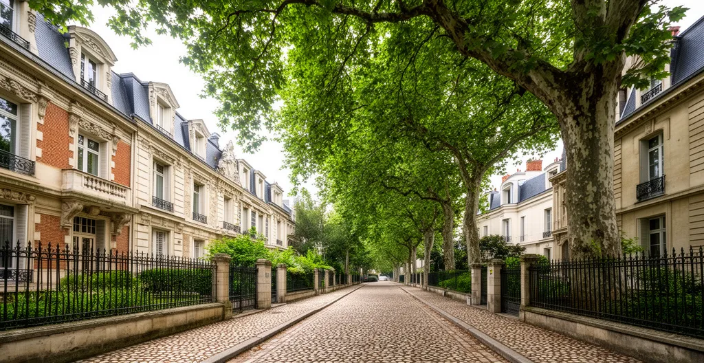 Rue résidentielle calme dans les Yvelines avec maisons bourgeoises et arbres centenaires