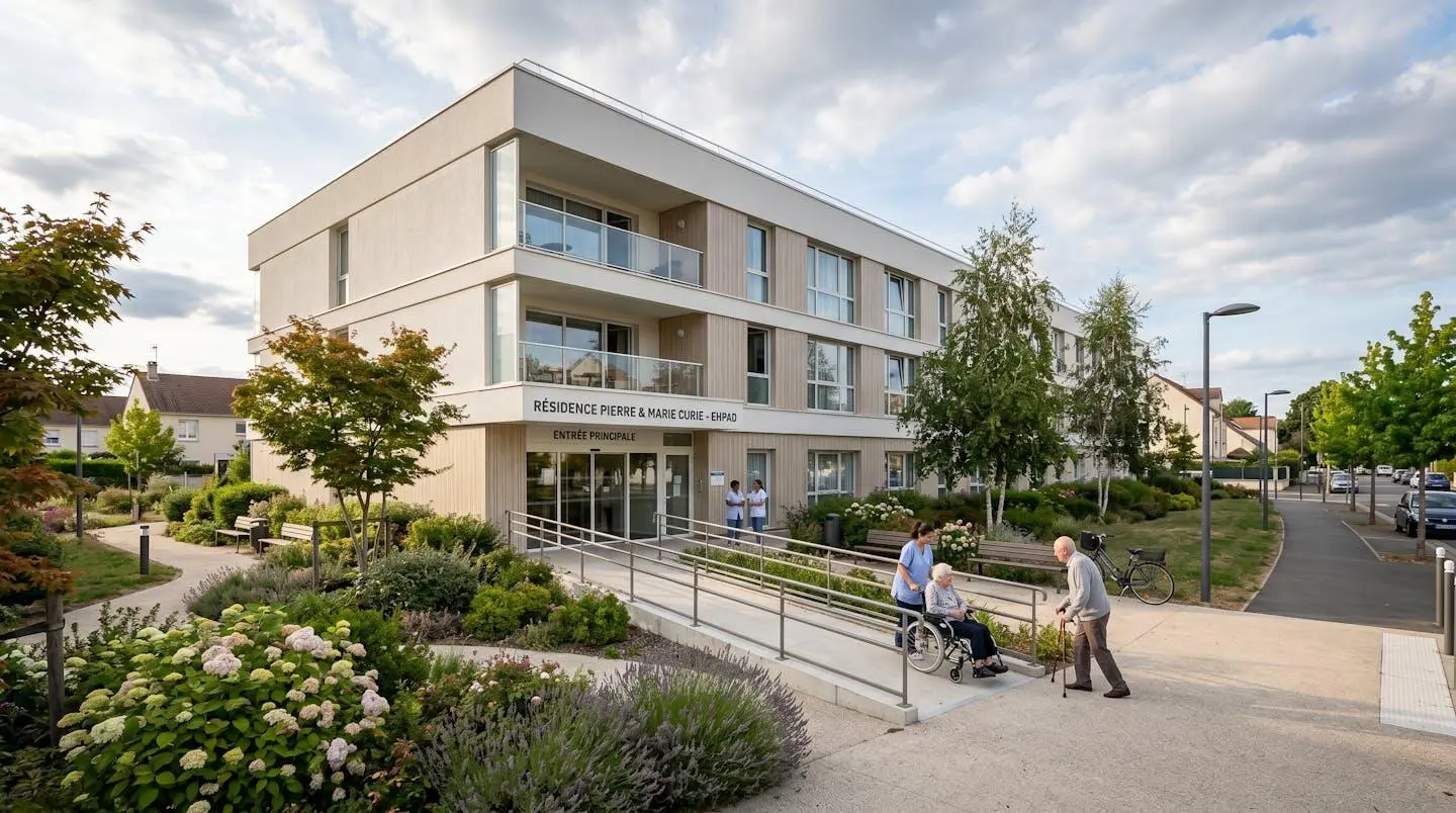 Façade extérieure d'une résidence médicalisée EHPAD contemporaine avec rampe d'accès et jardin paysagé, style architectural moderne années 2020