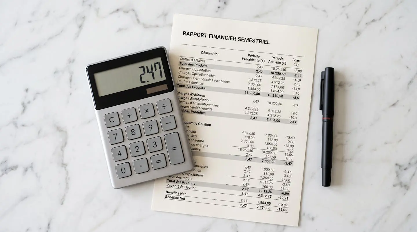 Gros plan d'une calculatrice affichant des chiffres sur un bureau blanc épuré, documents financiers avec pourcentages flous en arrière-plan