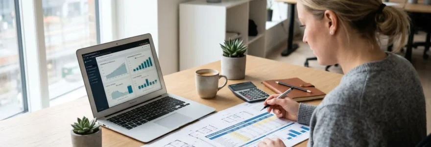Personne de dos consultant des documents financiers et plans architecturaux étalés sur un bureau contemporain, lumière naturelle latérale