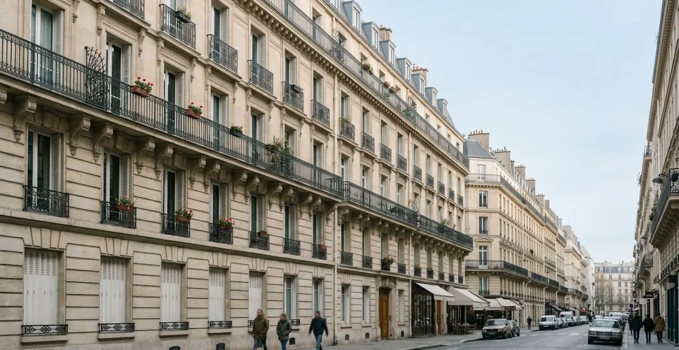 Vue élégante d'un appartement haussmannien de prestige parisien avec détails architecturaux