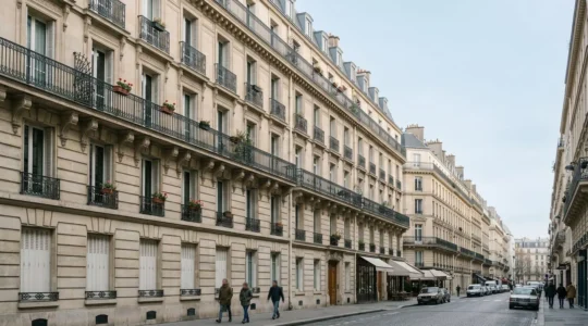 Vue élégante d'un appartement haussmannien de prestige parisien avec détails architecturaux