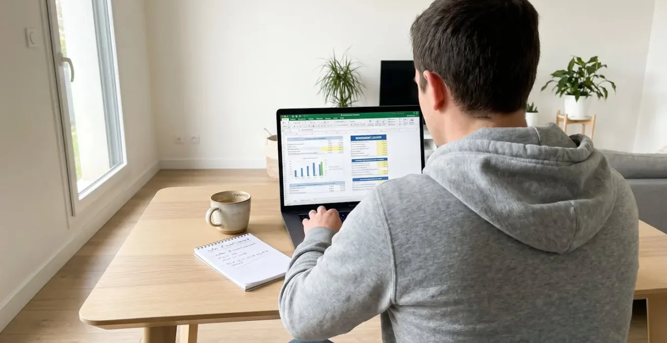 Personne analysant des documents financiers et des tableaux de rendement locatif sur un ordinateur portable dans un bureau à domicile moderne