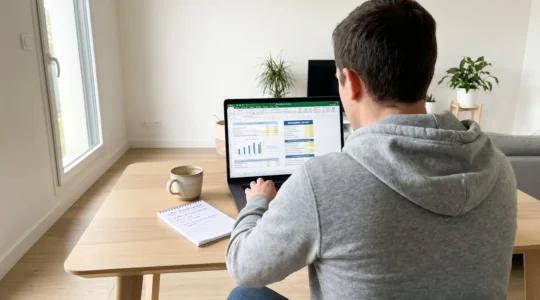 Personne analysant des documents financiers et des tableaux de rendement locatif sur un ordinateur portable dans un bureau à domicile moderne