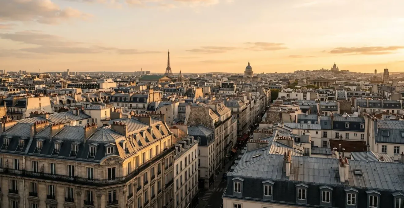 Vue panoramique de l'architecture parisienne avec perspective sur les toits et espaces urbains révélant la diversité du marché immobilier de la capitale