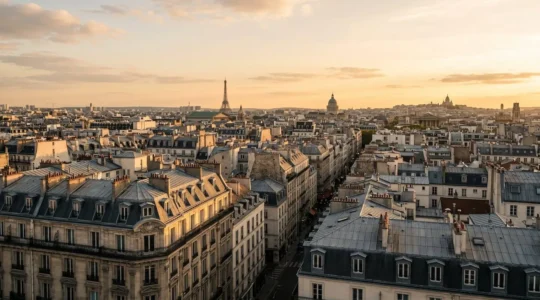 Vue panoramique de l'architecture parisienne avec perspective sur les toits et espaces urbains révélant la diversité du marché immobilier de la capitale