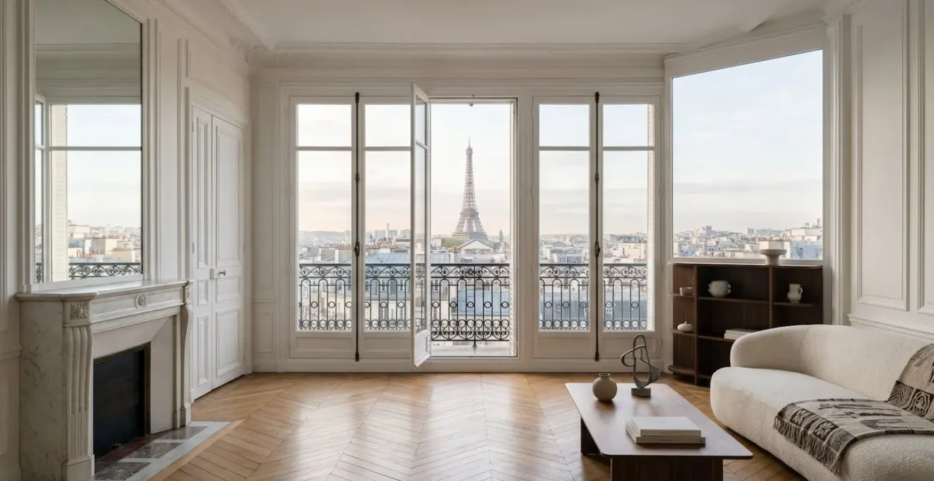 Intérieur lumineux d'un appartement parisien de prestige avec vue sur monuments emblématiques