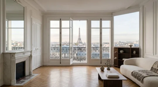 Intérieur lumineux d'un appartement parisien de prestige avec vue sur monuments emblématiques