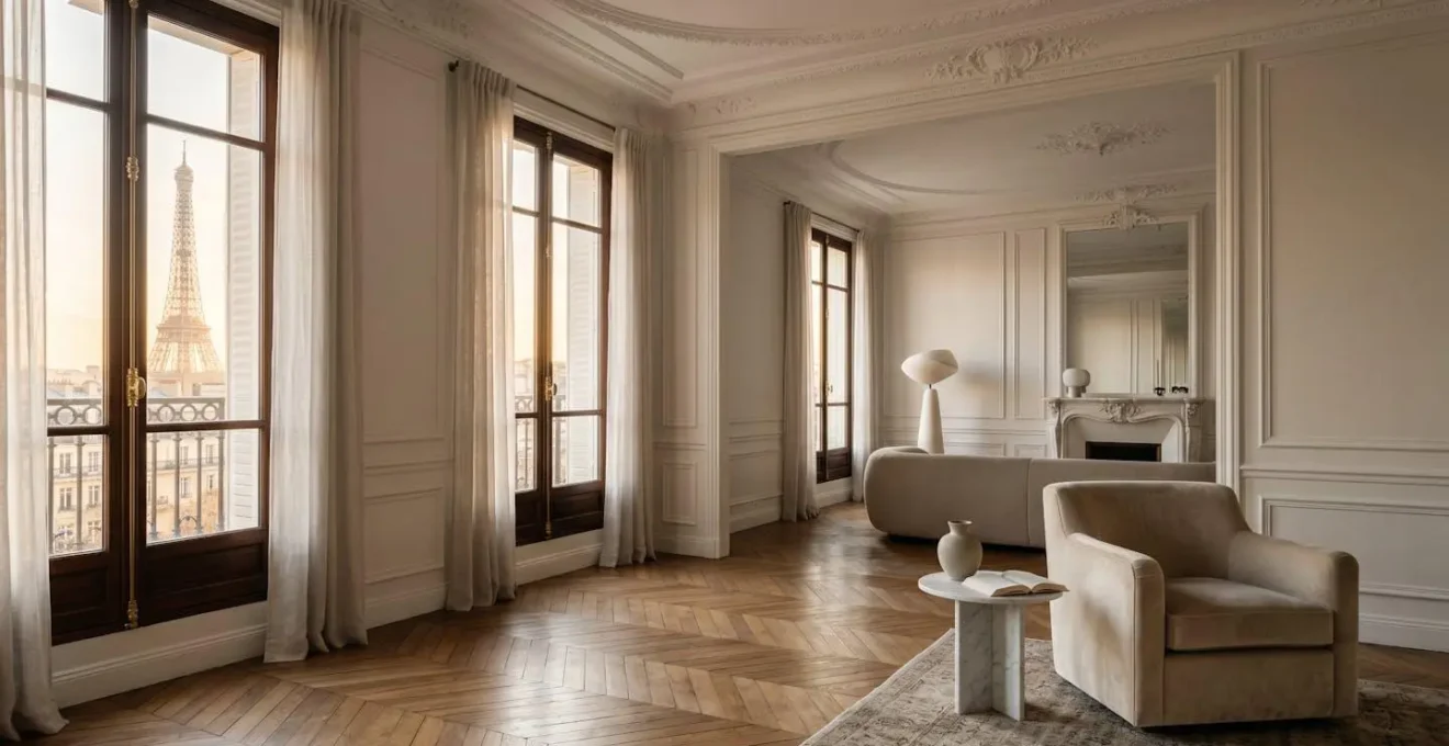 Intérieur haussmannien de luxe à Paris avec moulures et lumière naturelle