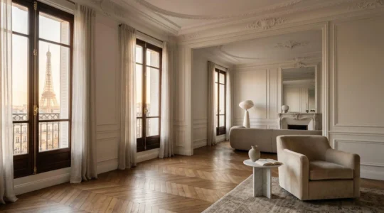 Intérieur haussmannien de luxe à Paris avec moulures et lumière naturelle