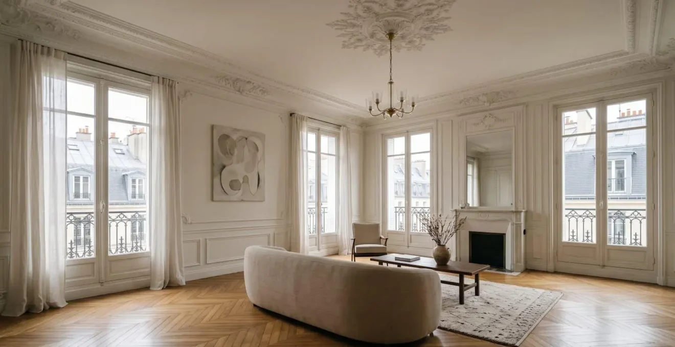 Vue majestueuse d'un appartement haussmannien de prestige parisien baigné de lumière naturelle