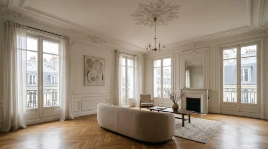 Vue majestueuse d'un appartement haussmannien de prestige parisien baigné de lumière naturelle