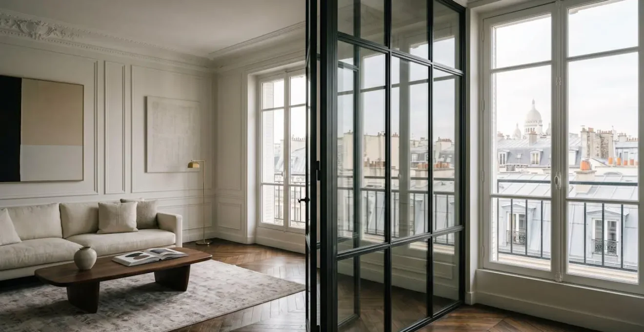 Vue intérieure d'un appartement parisien lumineux avec grandes baies vitrées offrant lumière naturelle et confort énergétique
