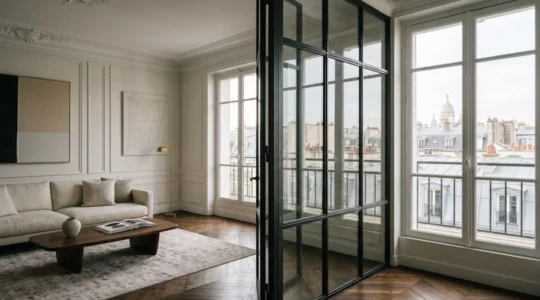 Vue intérieure d'un appartement parisien lumineux avec grandes baies vitrées offrant lumière naturelle et confort énergétique