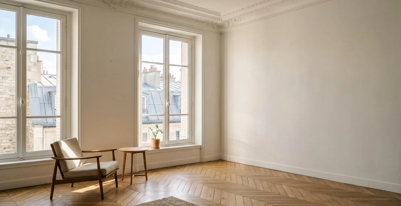 Intérieur d'un appartement parisien baigné de lumière naturelle avec vue sur les toits