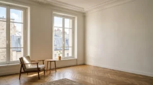 Intérieur d'un appartement parisien baigné de lumière naturelle avec vue sur les toits