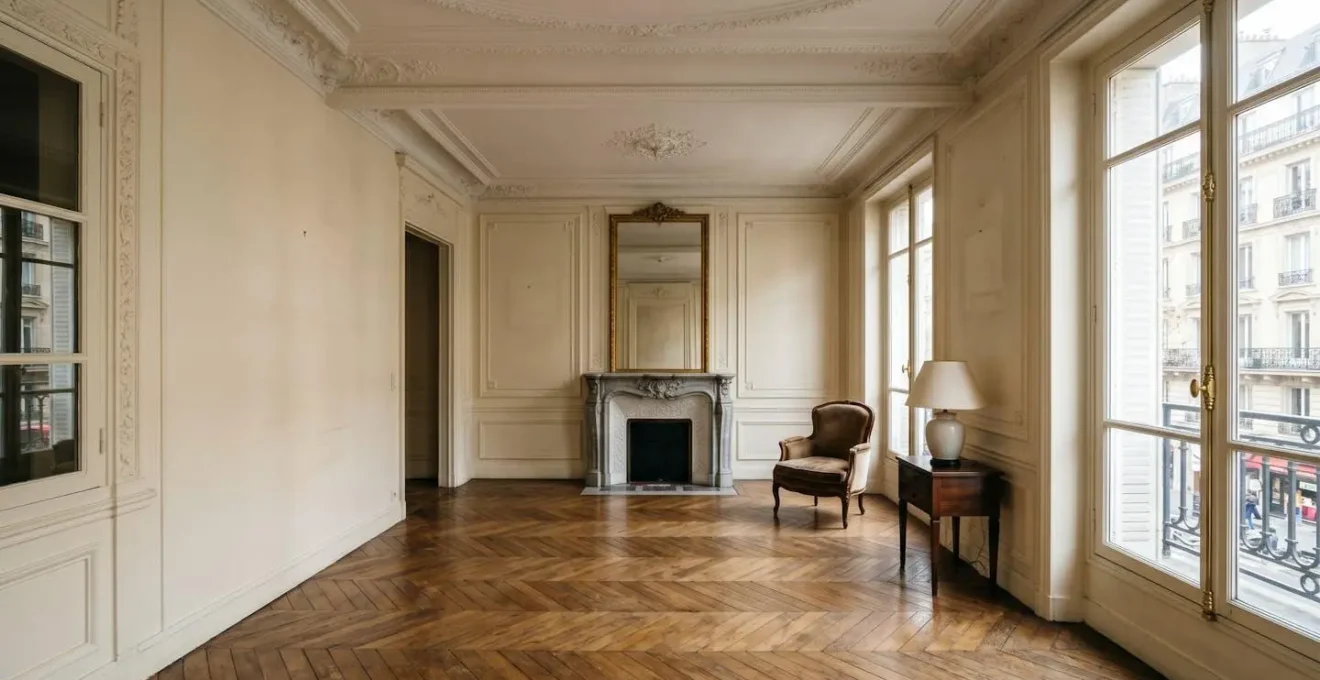 Intérieur d'appartement haussmannien parisien avec moulures authentiques et parquet en chevron capturant le romantisme architectural