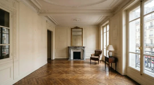 Intérieur d'appartement haussmannien parisien avec moulures authentiques et parquet en chevron capturant le romantisme architectural