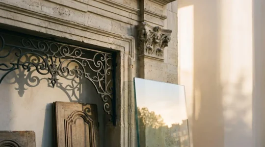 Vision éditoriale symbolique du luxe immobilier parisien d'exception avec éléments architecturaux emblématiques