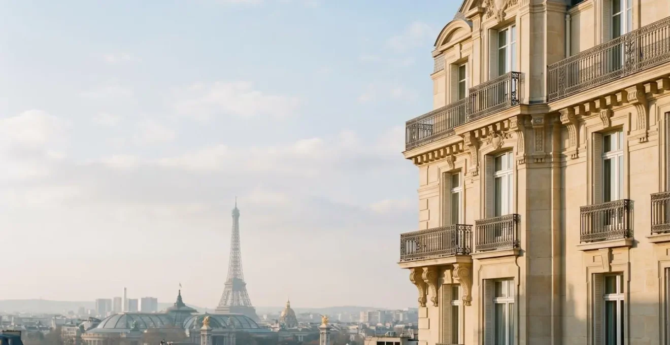 Vue architecturale parisienne elegante avec monument historique en arriere-plan et facade haussmannienne