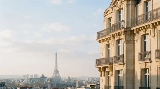 Vue architecturale parisienne elegante avec monument historique en arriere-plan et facade haussmannienne