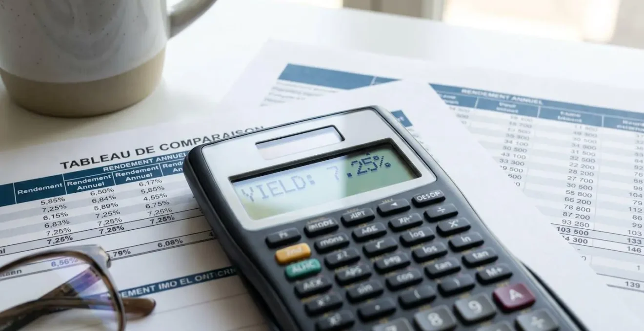 Gros plan d'une calculatrice financière affichant des pourcentages entourée de tableaux de comparaison de rendements sur un bureau