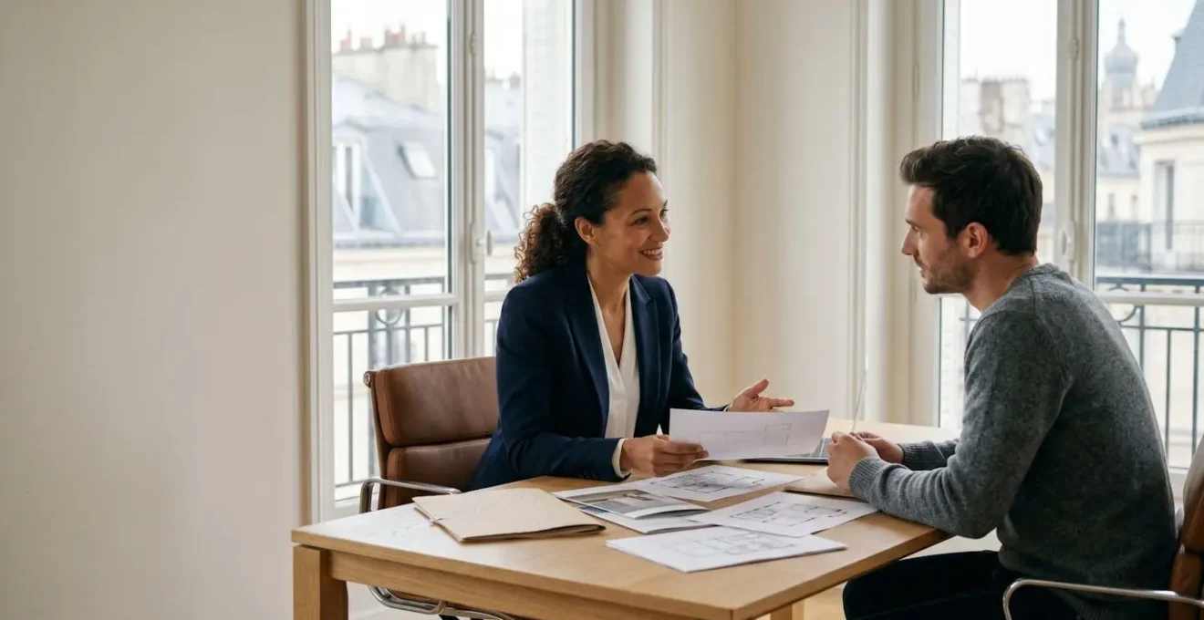 Consultation professionnelle entre agent immobilier et client dans un bureau parisien moderne avec vue sur les toits haussmanniens