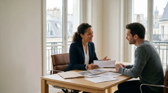 Consultation professionnelle entre agent immobilier et client dans un bureau parisien moderne avec vue sur les toits haussmanniens