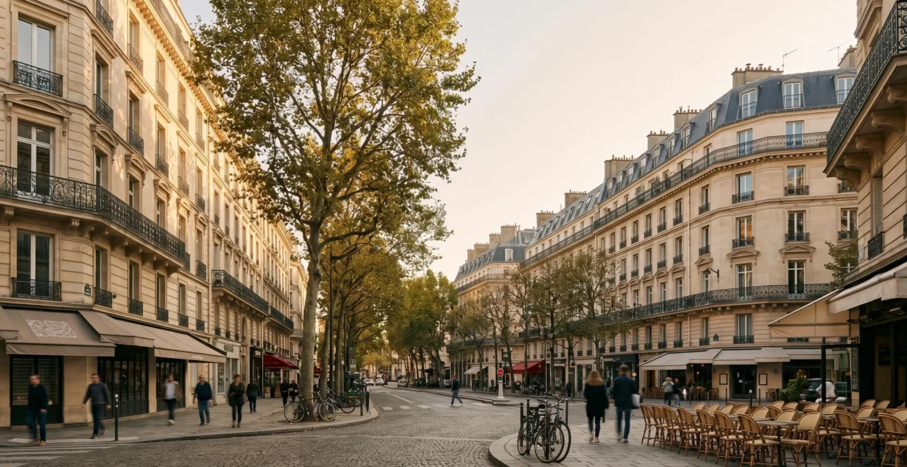 Perspective urbaine d'un quartier résidentiel parisien avec immeubles haussmanniens et espaces de vie quotidienne