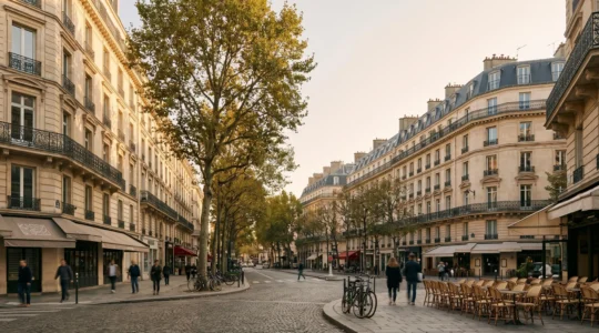 Perspective urbaine d'un quartier résidentiel parisien avec immeubles haussmanniens et espaces de vie quotidienne