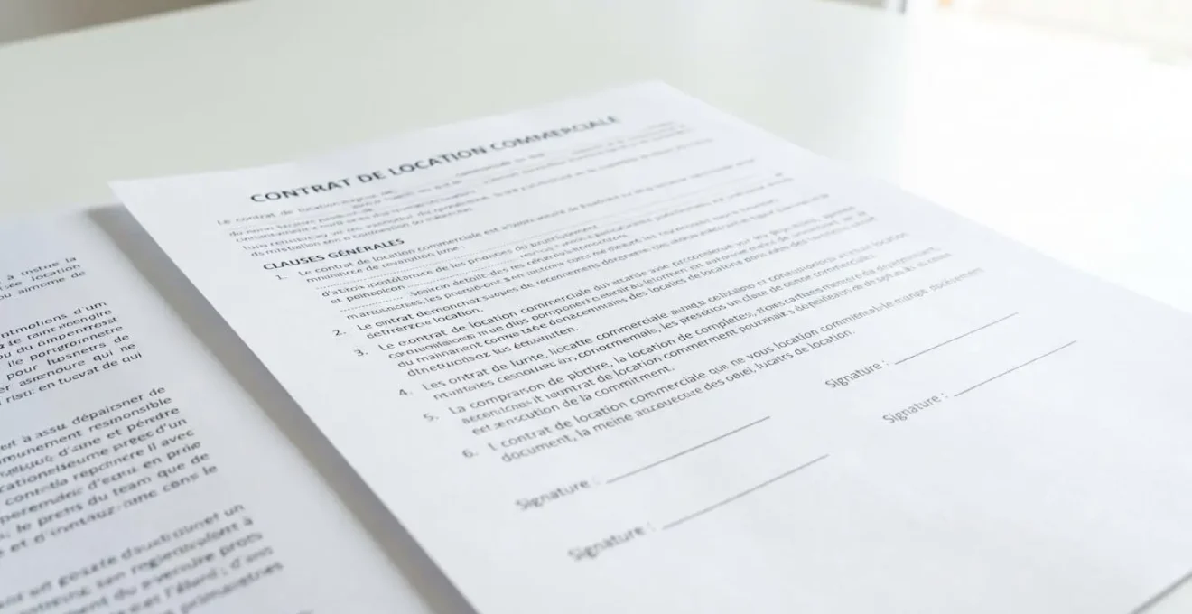 Gros plan d'un contrat de bail commercial avec clauses juridiques détaillées posé sur un bureau moderne