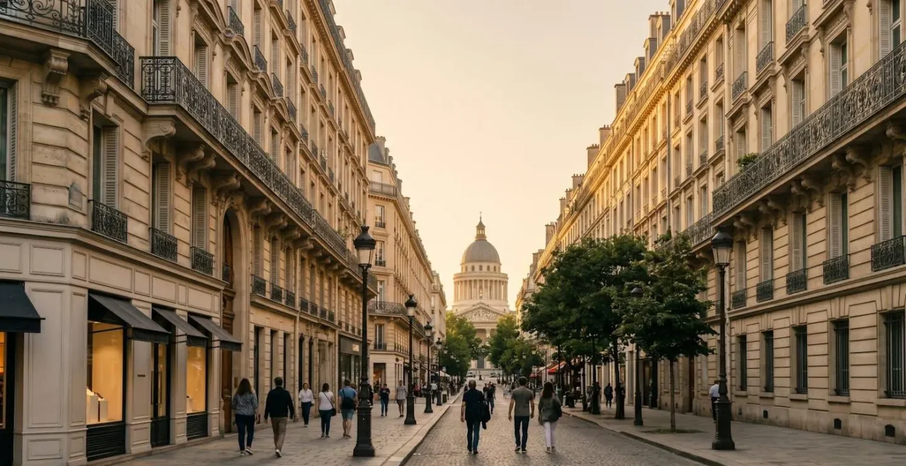 Vue éditoriale d'une rue haussmannienne parisienne prestigieuse avec façades en pierre de taille et perspective architecturale élégante