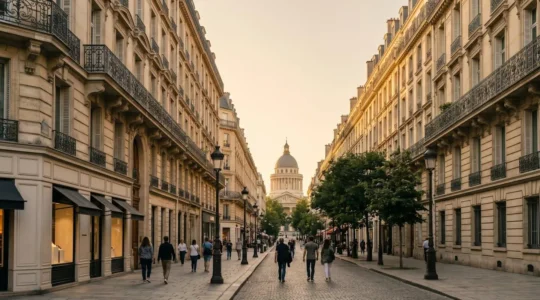 Vue éditoriale d'une rue haussmannienne parisienne prestigieuse avec façades en pierre de taille et perspective architecturale élégante