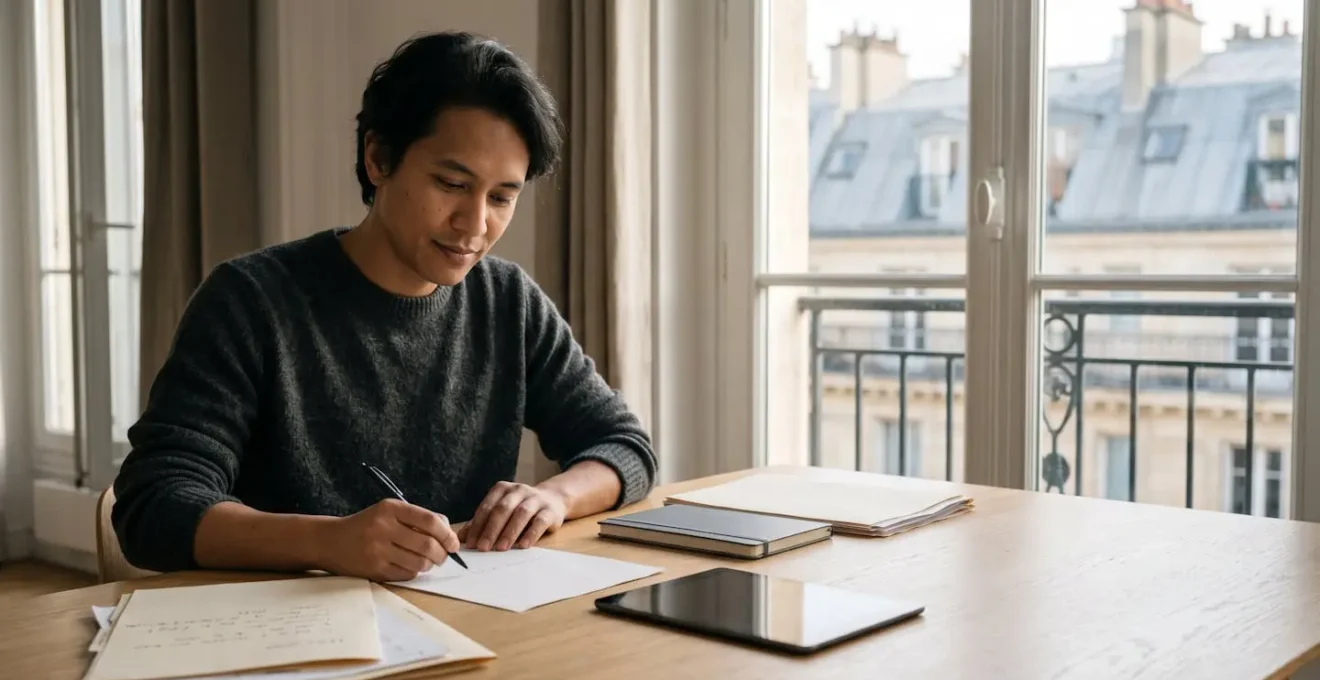 Propriétaire parisien gérant sereinement ses documents de location dans un intérieur moderne