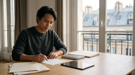 Propriétaire parisien gérant sereinement ses documents de location dans un intérieur moderne