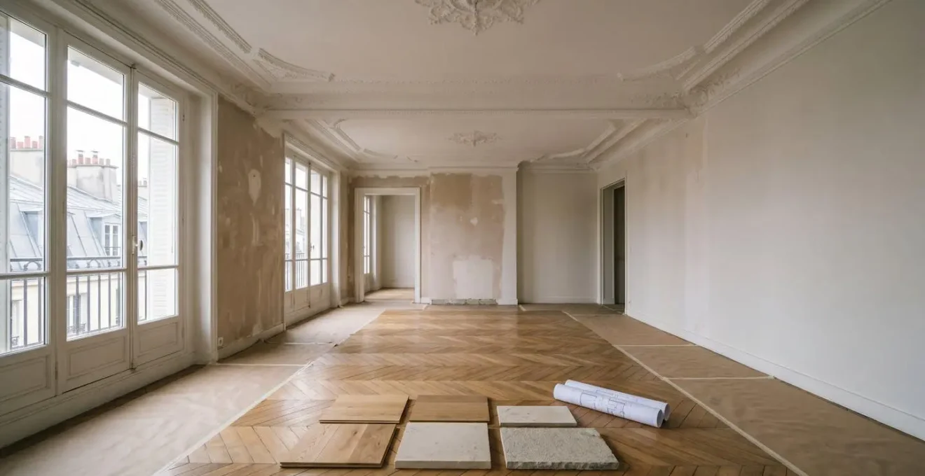 Vue architecturale d'un appartement parisien haussmannien en cours de rénovation de luxe avec matériaux nobles