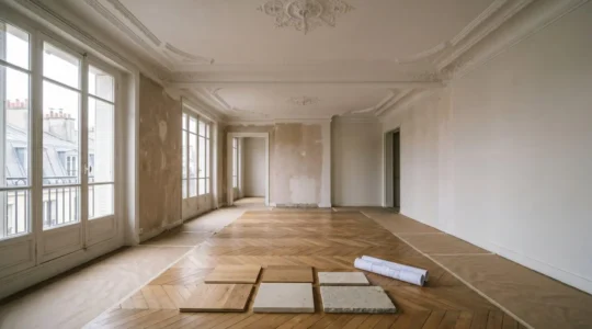 Vue architecturale d'un appartement parisien haussmannien en cours de rénovation de luxe avec matériaux nobles