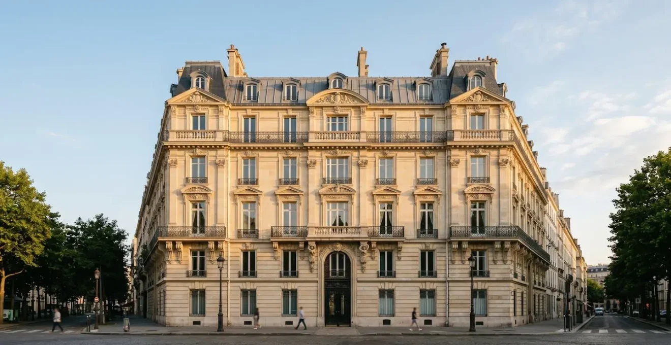 Façade d'immeuble parisien haut de gamme en pierre de taille avec balcons et ornements architecturaux