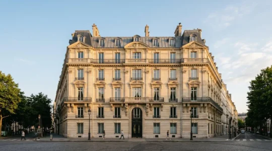 Façade d'immeuble parisien haut de gamme en pierre de taille avec balcons et ornements architecturaux