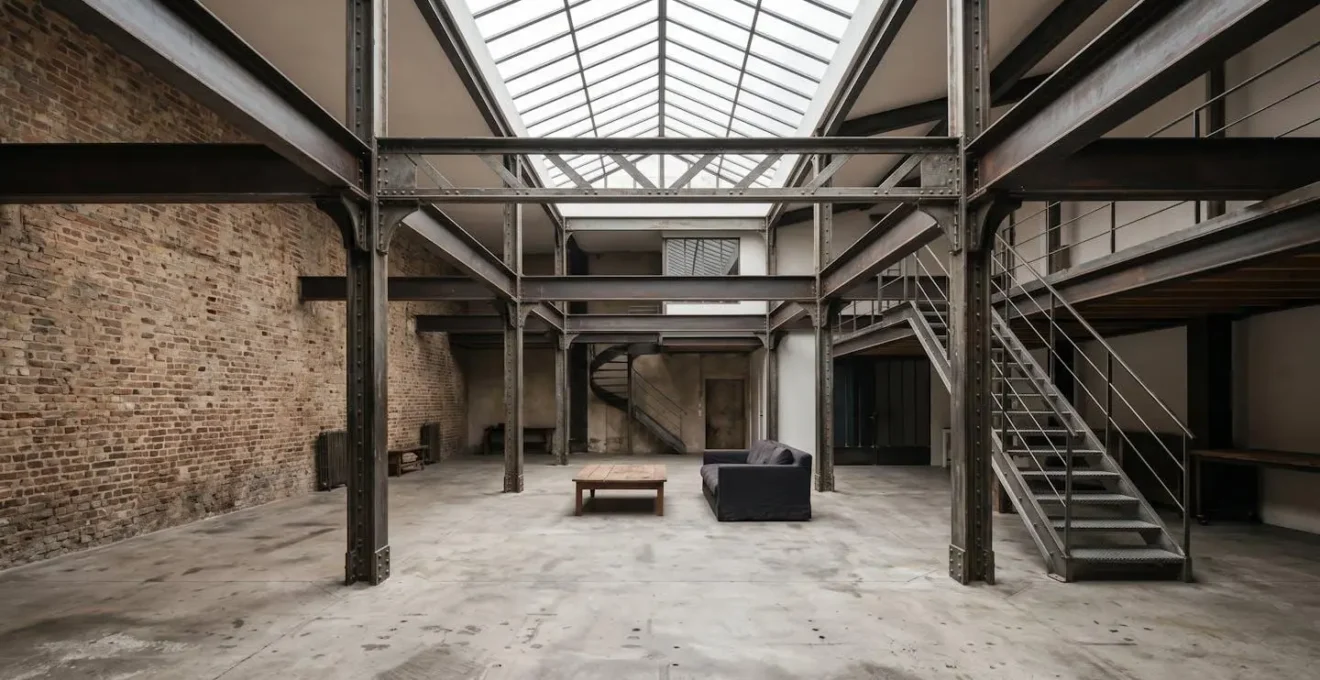 Intérieur d'un authentique loft parisien avec poutres métalliques apparentes et verrière industrielle