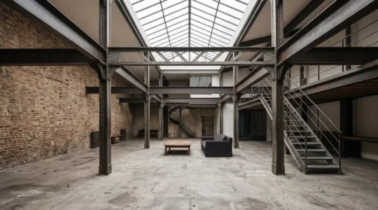 Intérieur d'un authentique loft parisien avec poutres métalliques apparentes et verrière industrielle