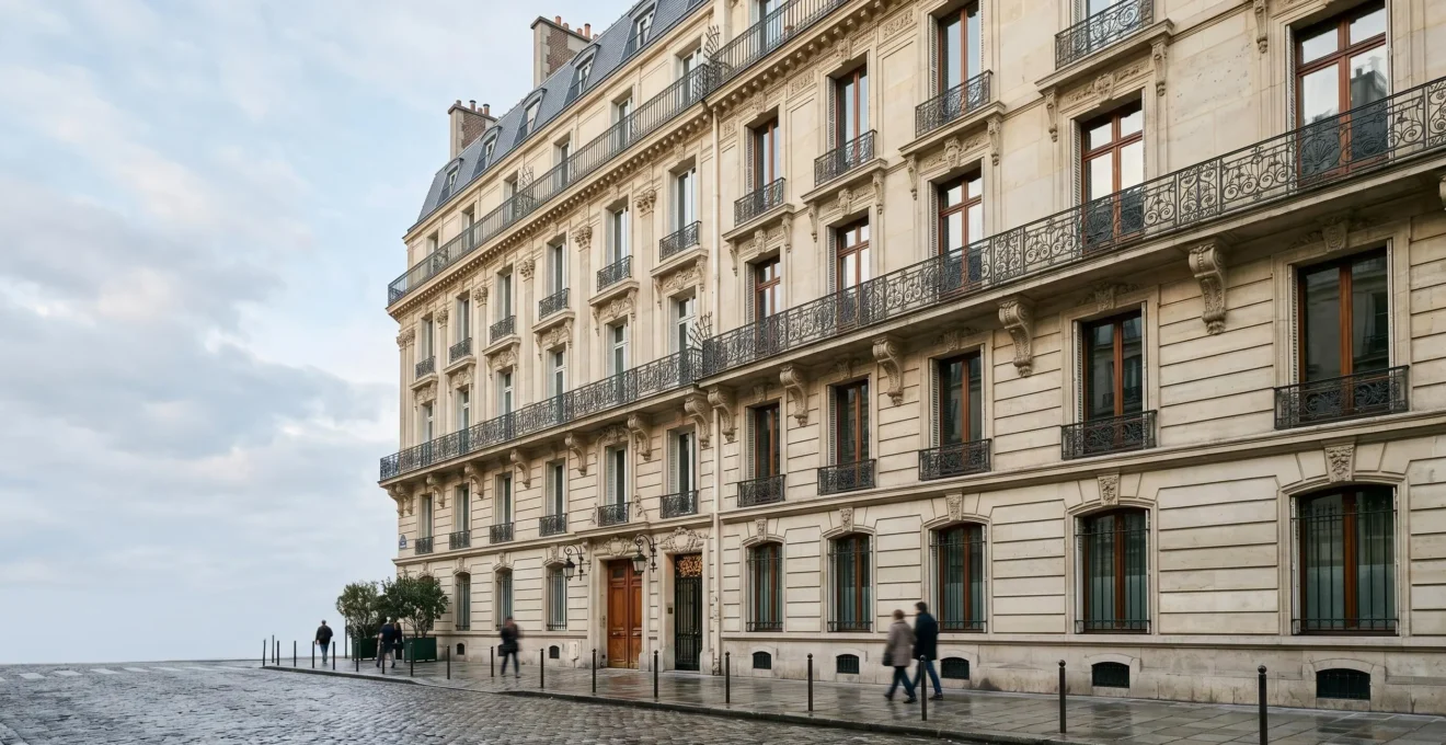 Façade haussmannienne élégante dans un quartier prestigieux de Paris avec architecture de prestige