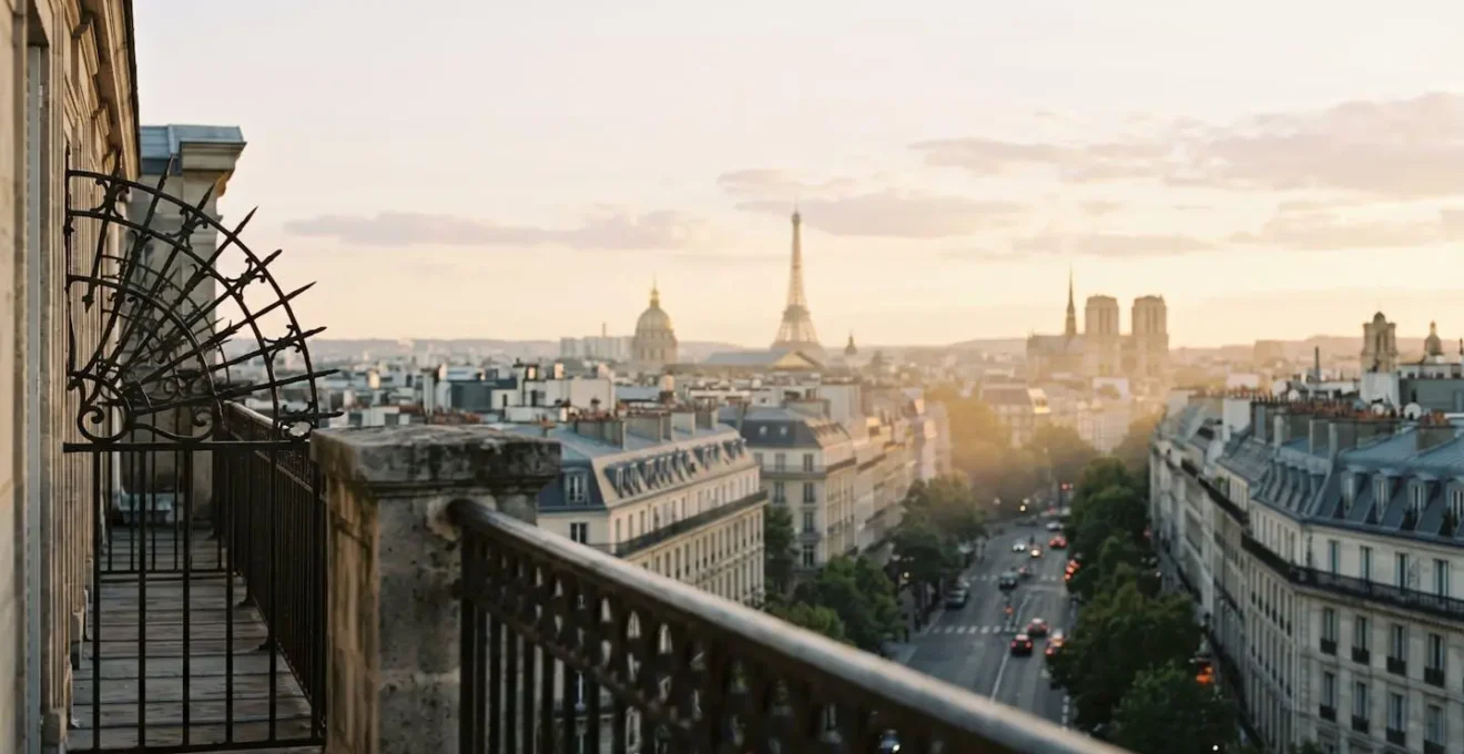 Architecture haussmannienne parisienne vue depuis un balcon avec vue sur monument emblématique