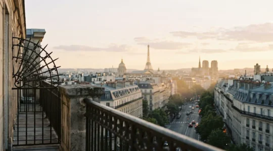 Architecture haussmannienne parisienne vue depuis un balcon avec vue sur monument emblématique