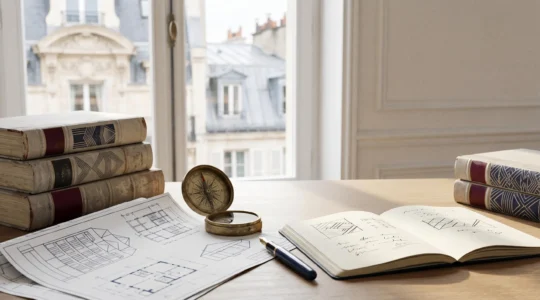 Professionnel examinant des documents juridiques immobiliers dans un environnement parisien