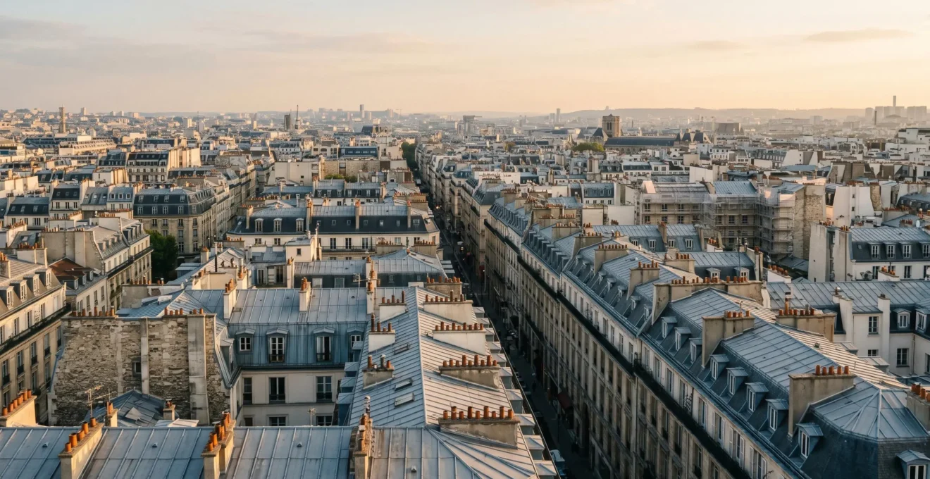Vue aerienne symbolique du marche immobilier parisien avec architecture haussmannienne et espaces urbains en transition