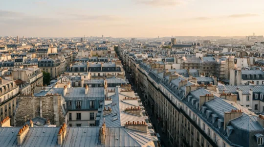 Vue aerienne symbolique du marche immobilier parisien avec architecture haussmannienne et espaces urbains en transition